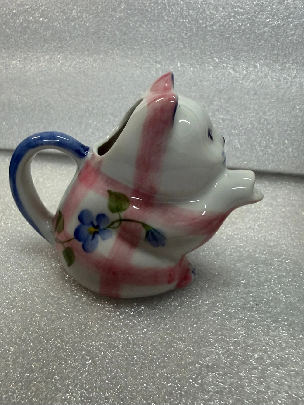 Vintage Ceramic Cat Creamer Pitcher Floral Pink Blue Miniature